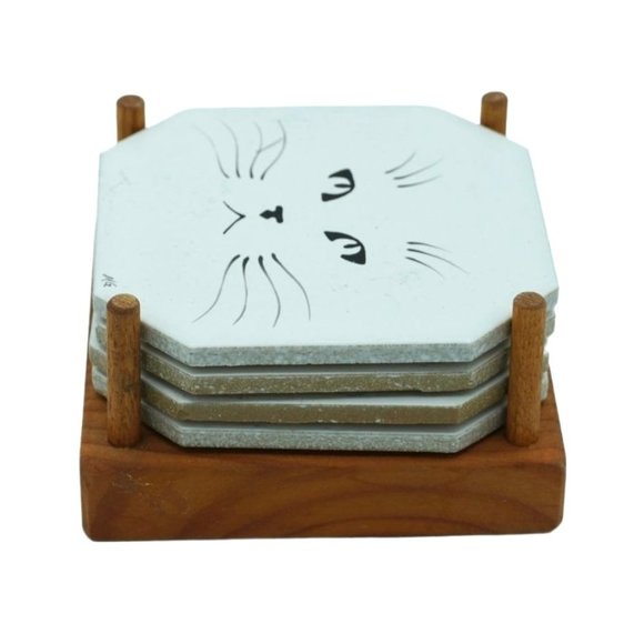Vintage Kitty Cat Coasters In Wood Holder Porcelain Tiles Signed MG Set of 4 Hom - Picture 3 of 10